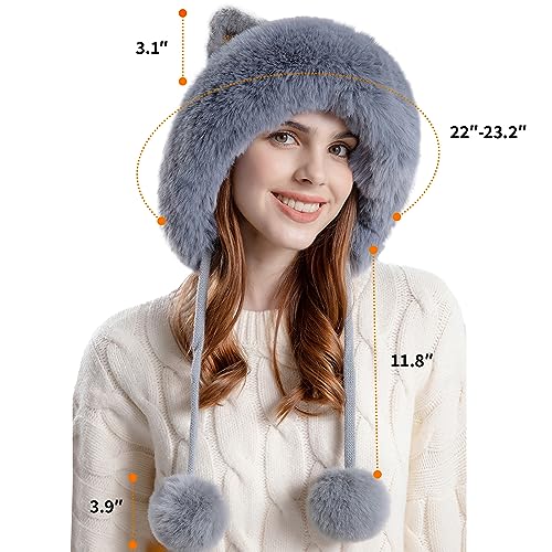 Fluffy Knit Beanie Hats for Women Winter Warm Fleece Lining Skull Cap Plush Faux Fur Pompom Earflaps Snow Hats - color: Grey - B