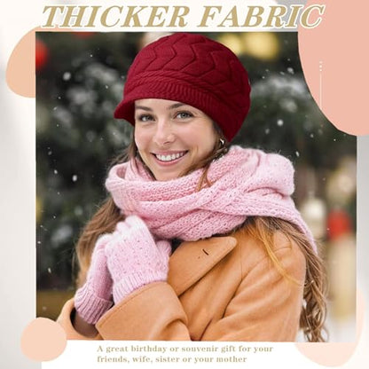 stablerice 4 Pack Womens Winter Beanie Hats Thick Warm Knit Hat with Visor Brim Wool Snow Ski Caps Chunky Soft Slouchy Cap - color: Black, Red, Gray, Beige