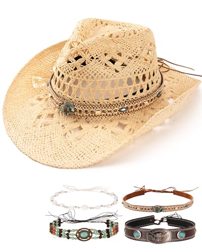FURTALK Straw Cowboy Hat for Women with 4 Decorative Bands Cowgirl Hat - color: Solid Beige