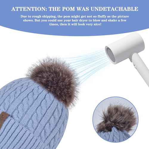 FENELY Women's Knitted Warm Beanie Winter Hat, Warm Chunky Snow Hat with Pompom - color: Blue