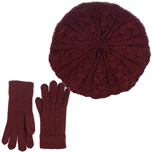 BYOS Womens Winter Cozy Cable Fleece Lined Knit Beret Beanie Hat (Set Available) - color: Burgundy Cable Hat Gloves Set