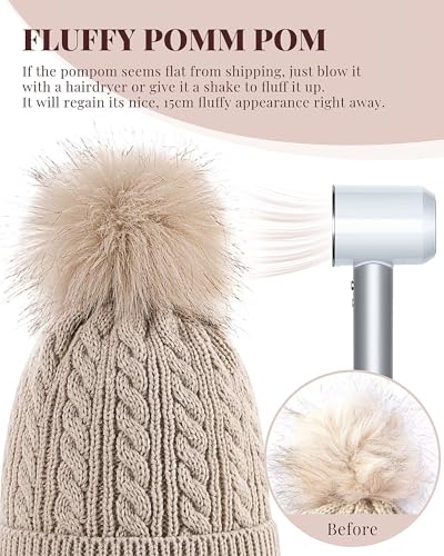 Alepo Womens Winter Beanie Hat, Warm Fleece Lined Knitted Soft Ski Cuff Cap with Pom Pom - color: Soft Gray