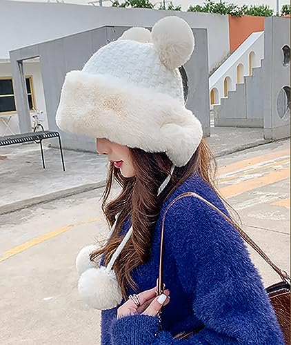 Winter Pompom Beanie Hats Women Knit Womens Beanie Faux Fur Crochet Skull Cap Warm Bucket Outdoor Ear Cover - color: White
