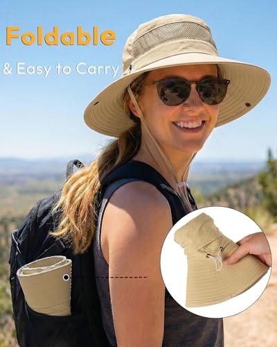 Women's Sun Hat Sun Protection Wide Brim Bucket with Ponytail Hole Summer - color: Khaki