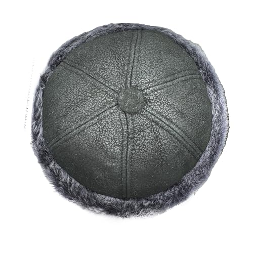 Lukkizara Winter Leather Hat Shearling Sheepskin Fur Beanie Hat - color: Black/Grey, size: Large