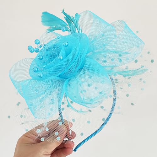 WLBON Fascinators Hat 20s 50s Headband Hair Clips Flower Mesh Veil Feather Headpiece Headwear Women Halloween Carnival Cocktail Wedding Church Cosplay Dress Up Birthday Tea Party Accessories Blue - color: Hot Blue