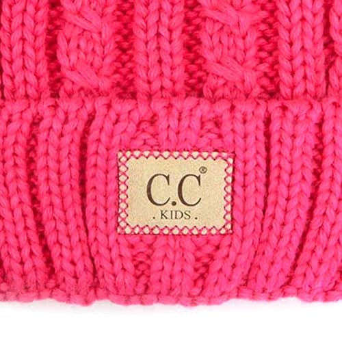 C.C Kids' Suede Patch Snuggly Soft Warm Knit Pom Cuff Beanie - color: Cable Knit Faux Fur, New Candy Pink