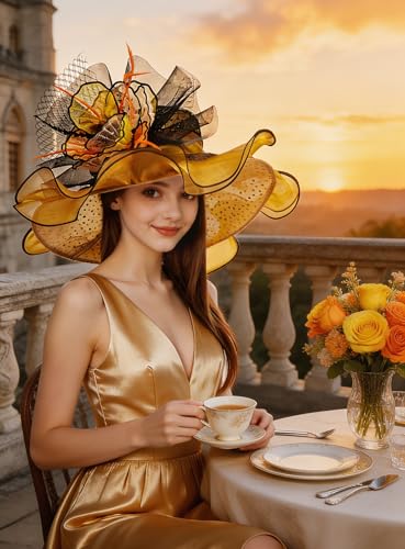 Organza Church Derby Hats for Women Wedding Tea Party Fascinator Floral Wide Brim Sun Hat - color: Style07 Gold Black