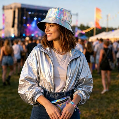Unisex Black Bucket Hat Waterproof Rain Hat Reversible Shiny Rave Bucket Hat for Concert Festival - color: B3: Silver