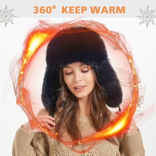 Winter Trapper Hat for Women Warm Faux Fur and Leather Windproof Full Hood Earflap Beanies - color: Dark Blue2