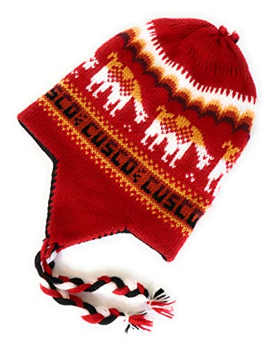 Alpaca Wool Blend Winter Hat Chullo Inca Peruvian Design Reversible with Earflaps. Beanie Medium Size. Unisex - color: Red/Black