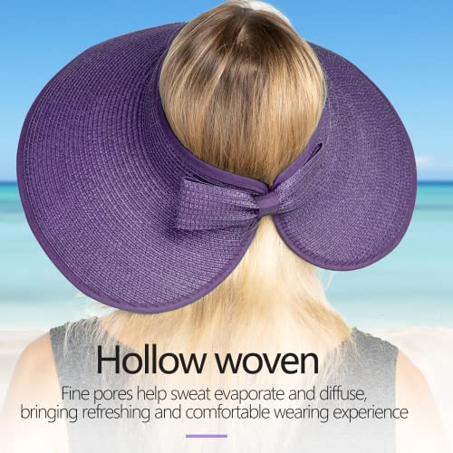 Women Sun Visors Foldable Straw Hats Summer Beach Packable Hat Floppy Wide Brim Cap Deep Style, Adjustable Size - color: Purple Khaki