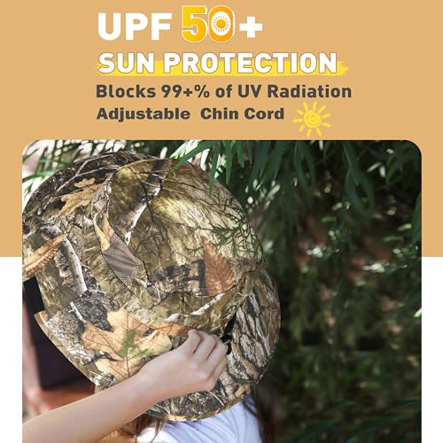 Men Safari Sun Hat Wide Brim Boonie Fishing Cap with Adjustable Drawstring - color: Pine Woodland Camo