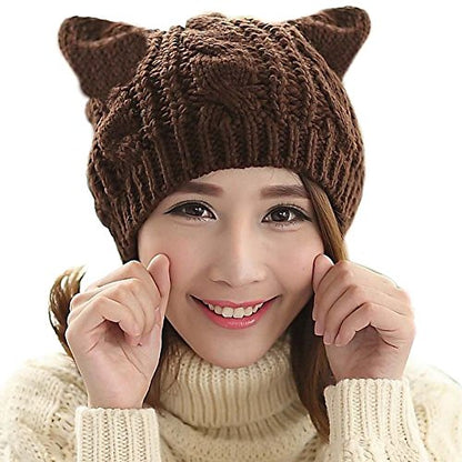 Women Winter Wool Baggy Beret Beanie Cute Devil Cat Ear Crochet Braided Knit Hat Ski Cap - color: Coffee