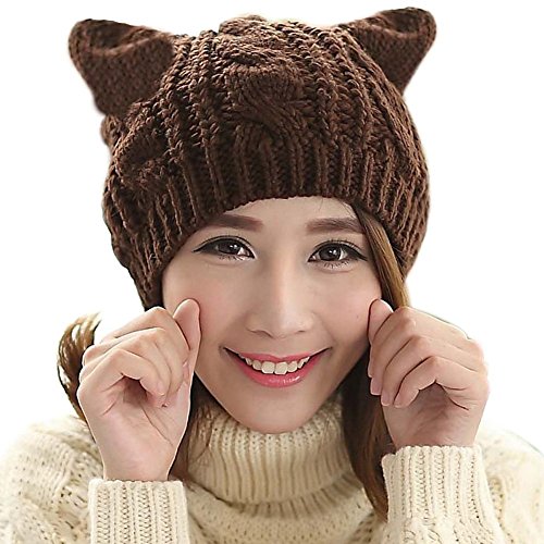 Women Winter Wool Baggy Beret Beanie Cute Devil Cat Ear Crochet Braided Knit Hat Ski Cap - color: Coffee