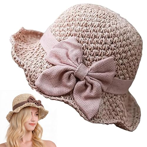 Elegant Woven Straw Sun Hat with Bow, Straw Hat with Retro Bow, Womens Straw Hat Wide Brim Bucket Foldable Breathable - color: Pink