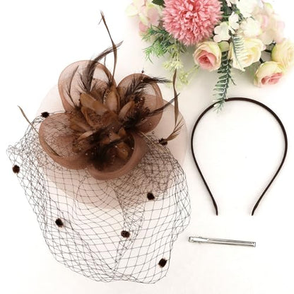 Semato Fascinators Hats for Women Mesh Feathers Elegant Reddish Brown Tea Party Kentucky Hat Derby Headband with Hair Clip - color: Reddish Brown