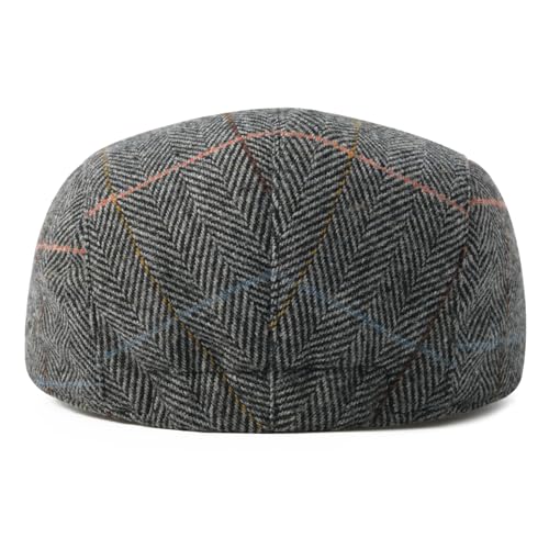 FEINION Men Wool Blend Flat Cap Tweed Newsboy Ivy Hat - color: Plaid Grey