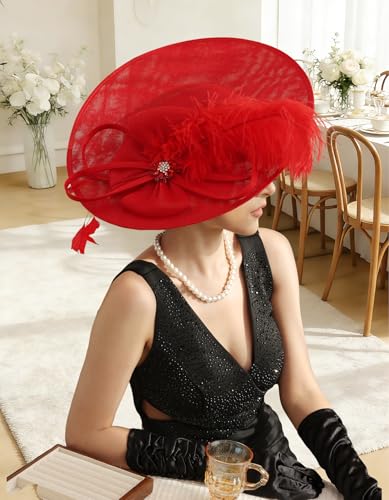Unpifolov Fascinators Hats Elegant Women Flower Mesh Feathers Wedding Cocktail Bride Headband for Derby Hat Tea Party - color: Red