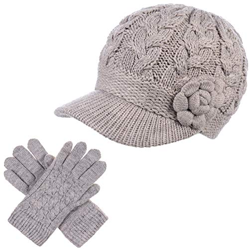 Womens Winter Elegant Cable Flower Knitted Newsboy Cabbie Cap Beret Beanie Hat with Visor, Warm Plush Fleece Lined - color: Dk. Beige Cable Flower-hat Gloves Set