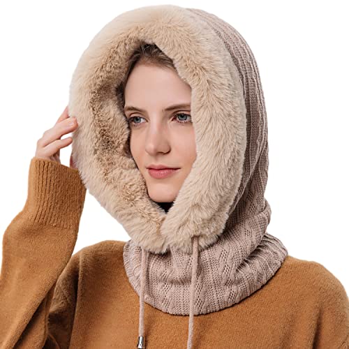HUAMULAN Women Cable Knit Balaclavas Winter Fleece Lined Beanie Hat - color: Khaki