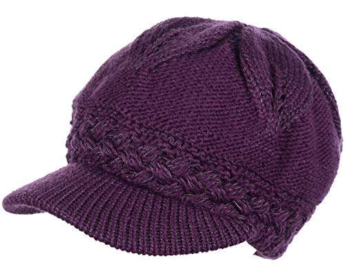 BYOS Womens Winter Chic Cable Warm Fleece Lined Crochet Knit Hat W/Visor Newsboy Cabbie Cap - color: Braided Front Purple