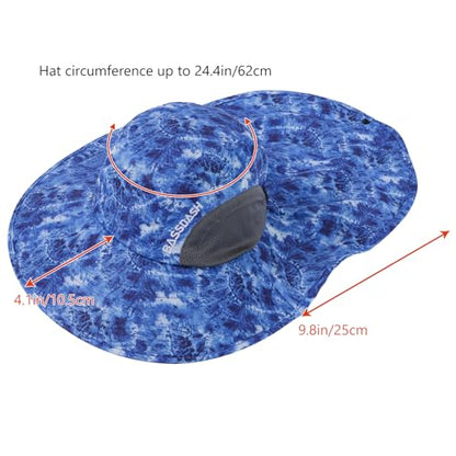 BASSDASH UPF 50+ Unisex Water Resistant Wide Brim Sun Hat with Large Neck Flap Ponytail Fishing Hat for Men Women - color: Blue Camo