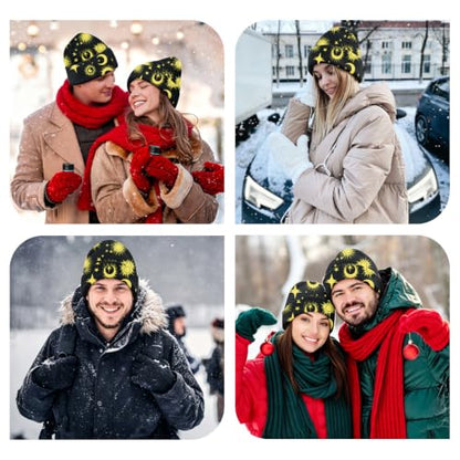 Beanie Knit Hat Winter Unisex Cuffed Beanies Skull Cap Warm Double Layer Thick Acrylic Cute for Girls Women Men - color: Sun Moon