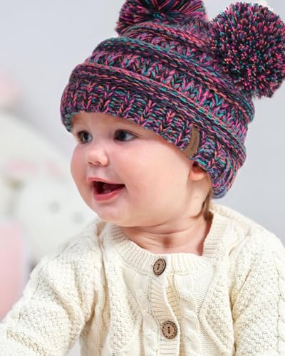 FURTALK Baby Winter Knitted Beanie Hat Soft Warm Pom Poms Toddler Skull Cap - color: White+pink+multicolor, size: 0-12 Months