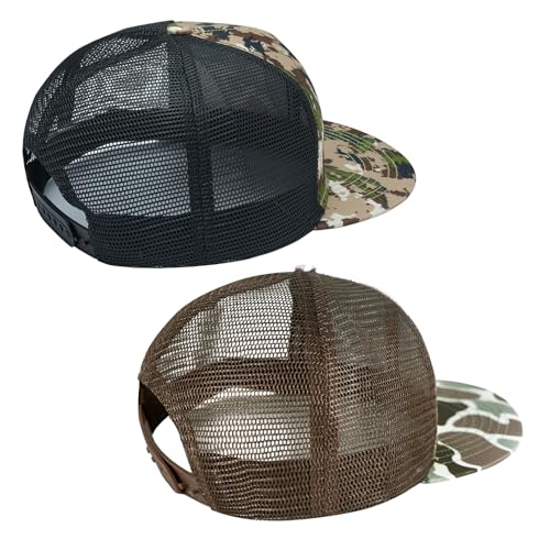 BASSDASH 2 Pack Flat Brim Trucker Cap Adjustable Snapback Hat Mesh Back for Men Women Fishing Hunting - color: Pack of 2, Highland & Color Block Camo