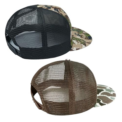 BASSDASH 2 Pack Flat Brim Trucker Cap Adjustable Snapback Hat Mesh Back for Men Women Fishing Hunting - color: Pack of 2, Highland & Color Block Camo