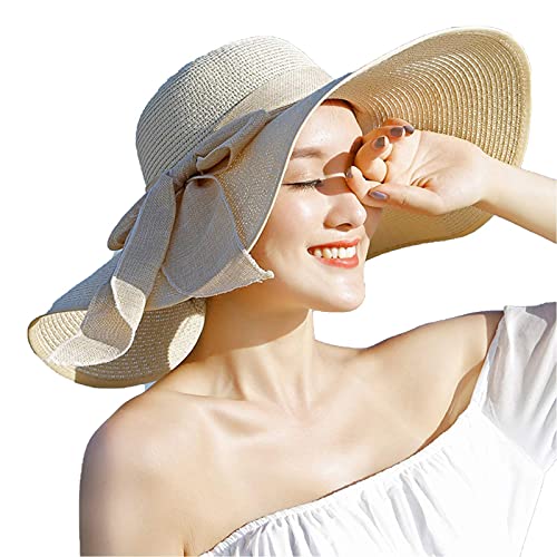 FSIGOM Women's Folable Floppy Hat,Wide Brim Sun Protection Straw Hat, Summer UV Protection Beach Cap - color: C1-f-beige, size: Medium