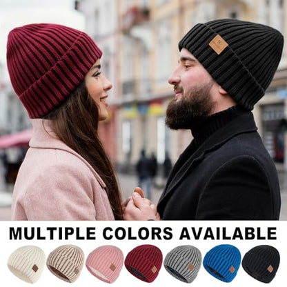 HONGTEYA 3 Pack Winter Beanie for Men Women, Thicken Thermal Plush Lined Beanie Fashion Warm Knit Hat for Cold Weather - color: Black+gray+wine Red
