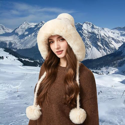 Women Winter Sherpa Beanie Hats Knit Ear Flap Hat Fleece Lined - color: Beige With 3 Pompoms