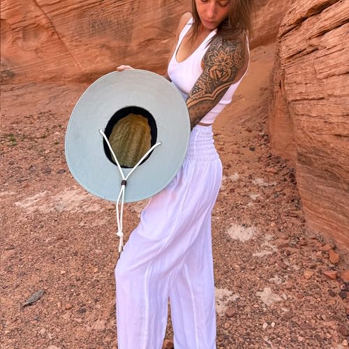 Women's Wide Brim Straw Sun Hat for Beach, Lifeguard Style, Hand-Woven Rush & Mat, Adjustable Chin Drawstring - color: The Sage