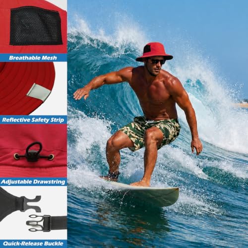 Surblue Surf Bucket Hat with Widened Chin Straps UPF 50+ Windproof Sun Hat Adjustable Packable Cap for Water Sports Surfing - color: Red
