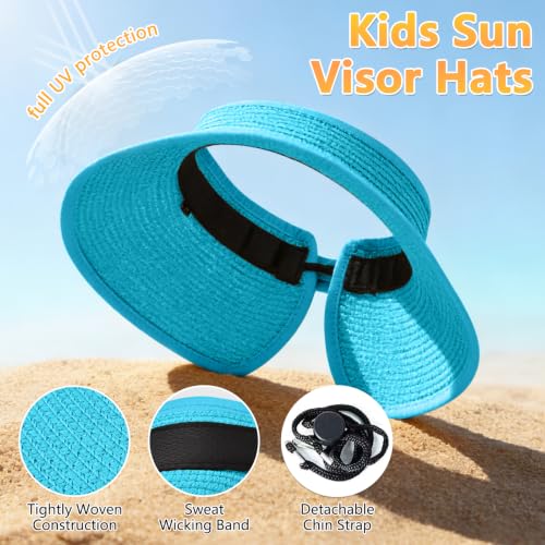 ZOORON Girls Straw Sun Visor Hat, Wide Brim Ponytail Beach Hat with Bow - color: Seablue