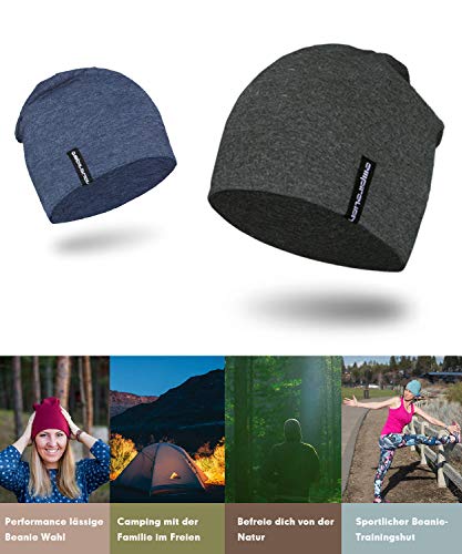 EMPIRELION Mens Running Beanie Hat, 9" Lightweight Helmet Liner Skull Cap - color: Dark Grey Mel. + Steel Blue Mel.