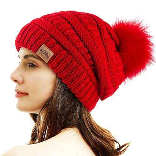 REDESS Women Winter Pom Pom Beanie Hat with Warm Fleece Lined - color: Red