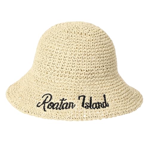 sy soul young Women's Straw Sunhat Wide Brim Hand Woven Beach Bucket Hat - color: Letter Beige
