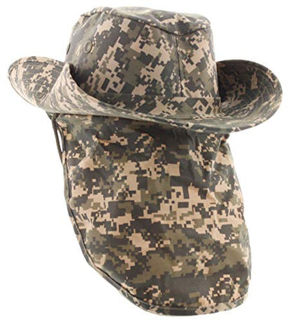 Wide Brim Outdoor Safari Summer Sun Hat with Neck Flap - color: Digi Camo Solid, size: Large
