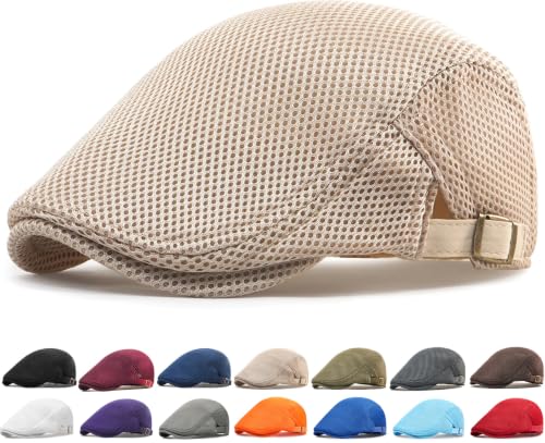 Initlove Mens Mesh Newsboy Cap Breathable Beret Ivy Hat Cabbie Driving Hats for Women - color: Khaki