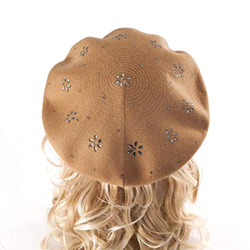 LADYBRO Rhinestone Beret Hats for Women 2 Layers Wool Knit Cap Lady Winter - color: Light Tan (Floral Pattern)