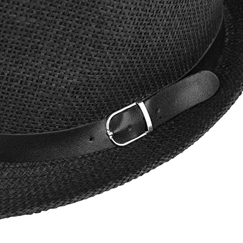 Straw Fedora Hat for Men Women Short Brim Trilby Hat Packable Roll Up Panama Jazz Cap Summer Beach Sun Cap - color: Black