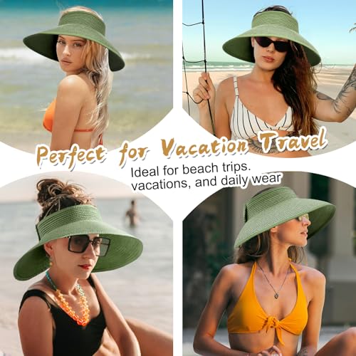 Women's Sun Visor Hats Wide Brim Straw Beach Hat Ponytail Hats for Women Foldable Floppy - color: 1pack-green