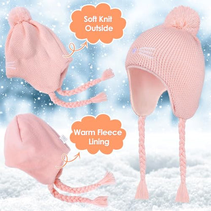 Girls Winter Hat Gloves Set, Kids Cat Embroidered Knit Beanie with Earflaps - color: Pink