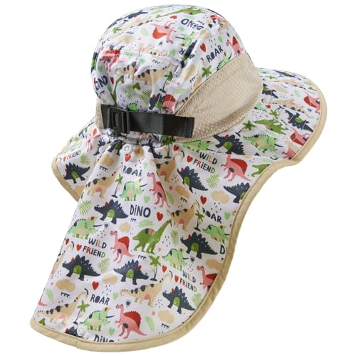 BASSDASH Kids UPF 50+ Wide Brim Sun Hat with Neck Flap Lightweight Cooling Performance Toddler Girls Boys Outdoor Play Hats - color: Cream/Dinosaur, size: Small