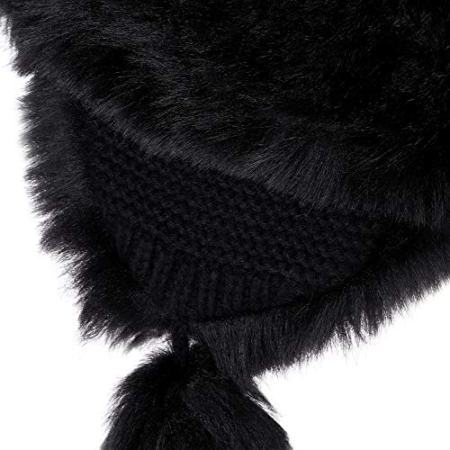 Warmer Faux Fur Trapper Hat for Women, Furry Warm Mongolian Russian Skiing Winter Cold Windproof Earflap Outdoor Cap - color: Black