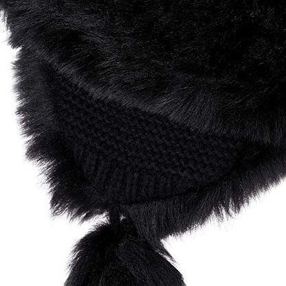 Warmer Faux Fur Trapper Hat for Women, Furry Warm Mongolian Russian Skiing Winter Cold Windproof Earflap Outdoor Cap - color: Black