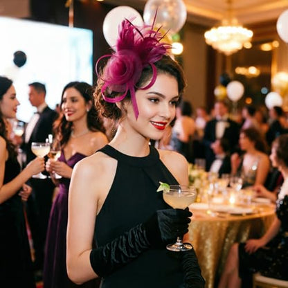 DRESHOW Fascinators Hats for Women Tulle Feather Tea Party Fascinator Wine
